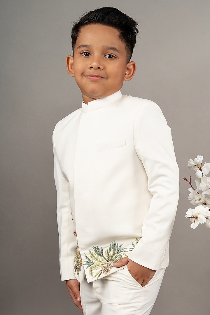 Ivory Viscose Blend Hand Embroidered Bandhgala Set For Boys by LITTLE BRATS at Pernia's Pop Up Shop