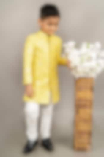 Yellow Cotton Silk Floral Embroidered Sherwani Set For Boys by LITTLE BRATS at Pernia's Pop Up Shop