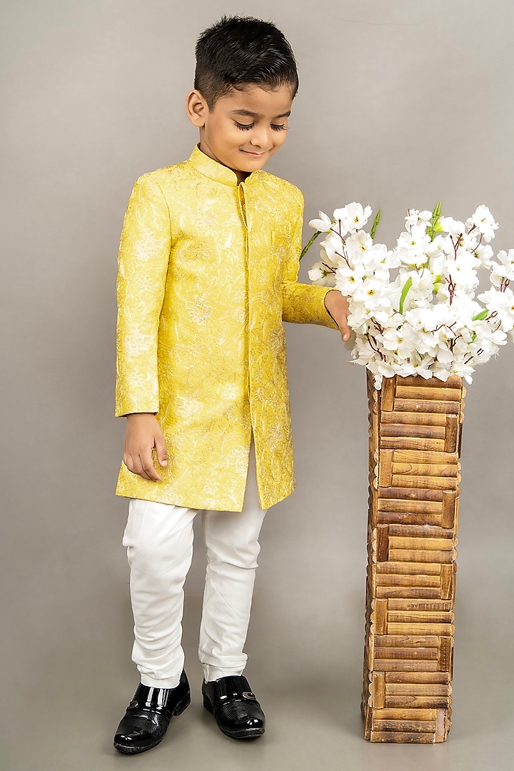 Yellow Cotton Silk Floral Embroidered Sherwani Set For Boys by LITTLE BRATS at Pernia's Pop Up Shop