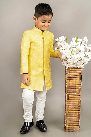 Yellow Cotton Silk Floral Embroidered Sherwani Set For Boys by LITTLE BRATS