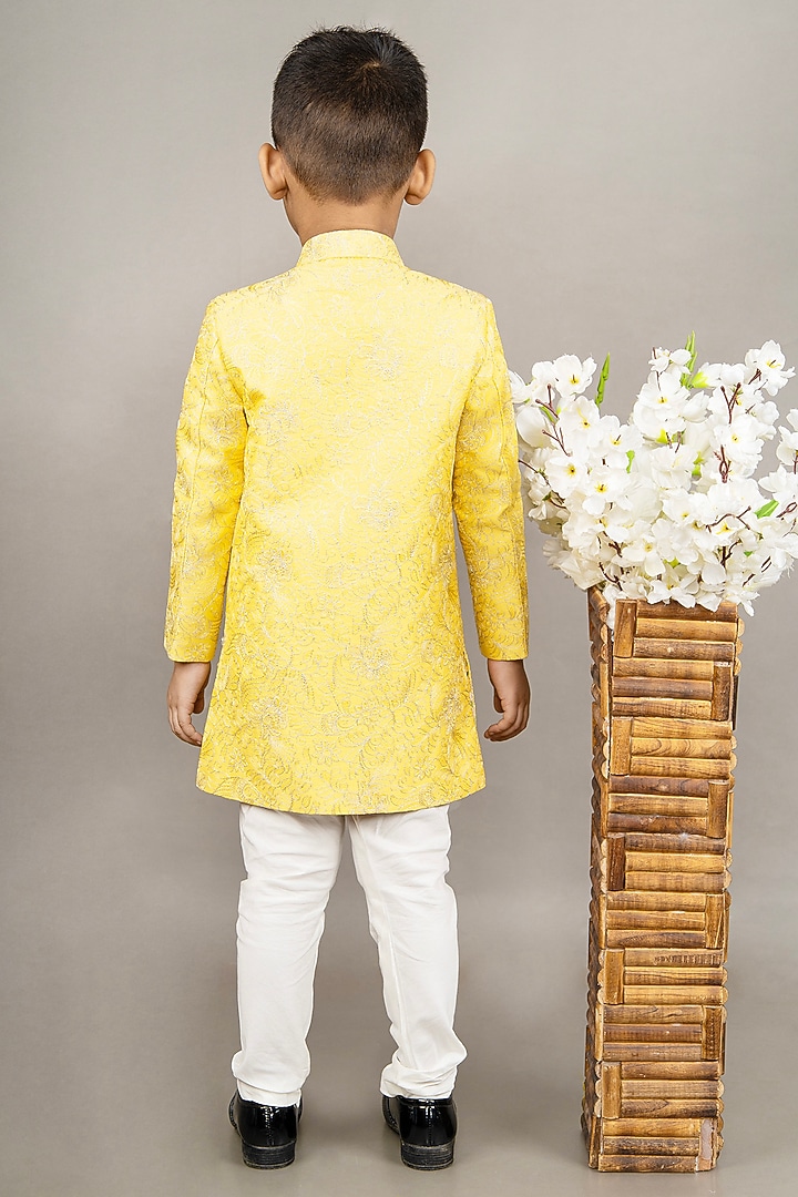 Yellow Cotton Silk Floral Embroidered Sherwani Set For Boys by LITTLE BRATS at Pernia's Pop Up Shop