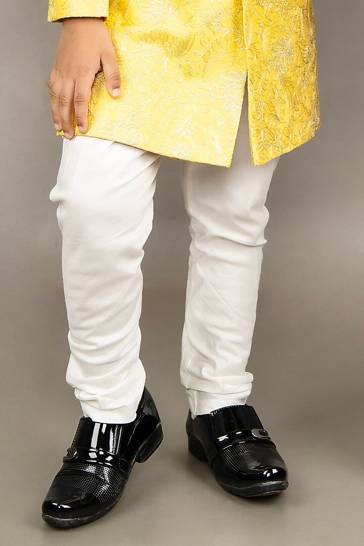 Yellow Cotton Silk Floral Embroidered Sherwani Set For Boys by LITTLE BRATS at Pernia's Pop Up Shop