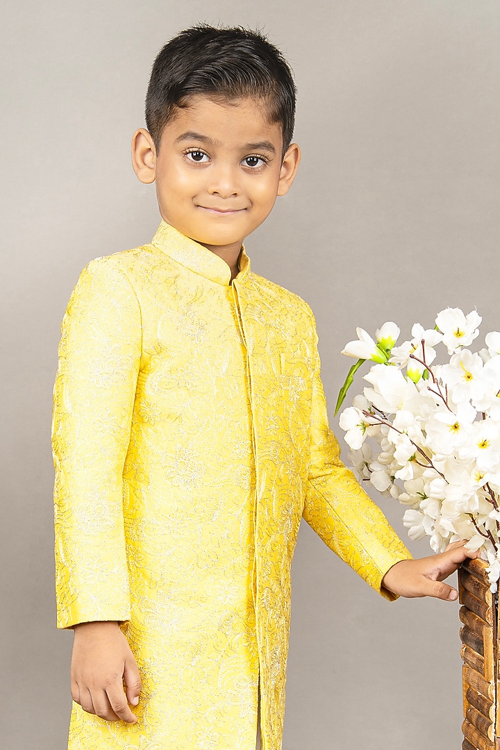 Yellow Cotton Silk Floral Embroidered Sherwani Set For Boys by LITTLE BRATS at Pernia's Pop Up Shop