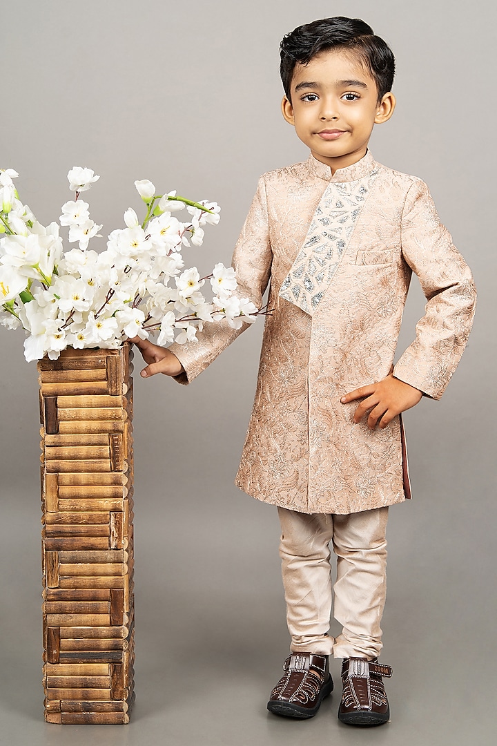 Beige Cotton Silk Floral Embroidered Sherwani Set For Boys by LITTLE BRATS at Pernia's Pop Up Shop