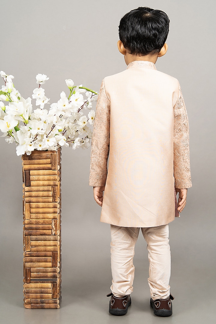 Beige Cotton Silk Floral Embroidered Sherwani Set For Boys by LITTLE BRATS at Pernia's Pop Up Shop