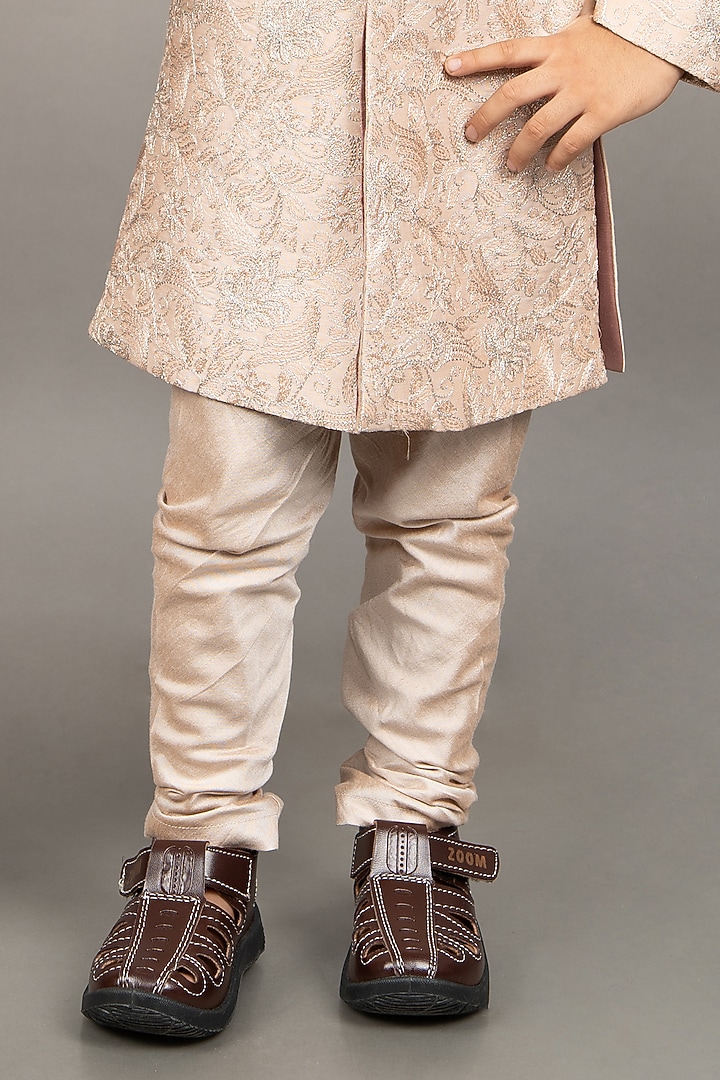 Beige Cotton Silk Floral Embroidered Sherwani Set For Boys by LITTLE BRATS at Pernia's Pop Up Shop