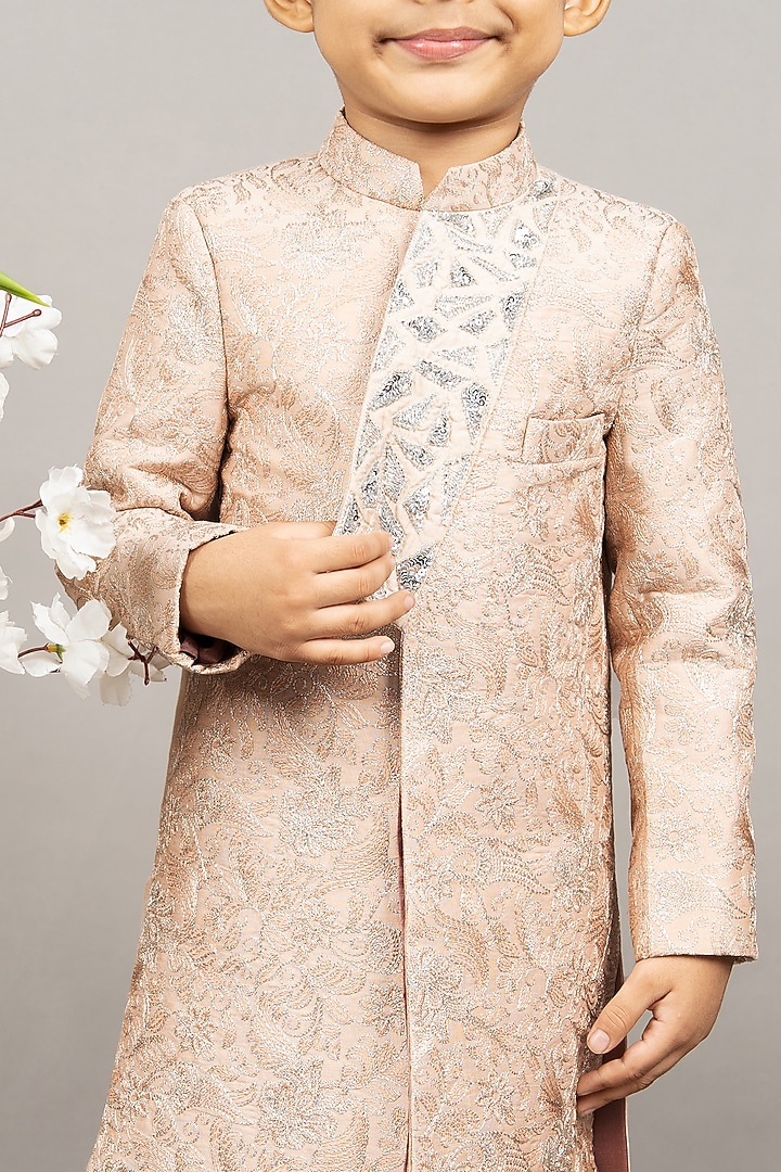 Beige Cotton Silk Floral Embroidered Sherwani Set For Boys by LITTLE BRATS at Pernia's Pop Up Shop