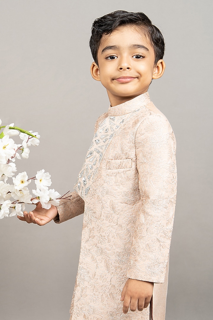 Beige Cotton Silk Floral Embroidered Sherwani Set For Boys by LITTLE BRATS at Pernia's Pop Up Shop