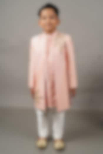 Pink Cotton Silk Leaf Hand Embroidered Front Open Sherwani Set For Boys by LITTLE BRATS