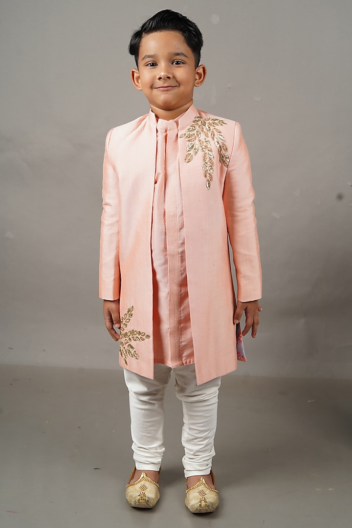 Pink Cotton Silk Leaf Hand Embroidered Front Open Sherwani Set For Boys by LITTLE BRATS