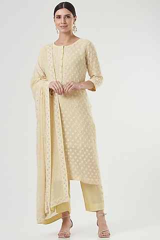 Pale Yellow Chikankari Kurta Set by Label Darpan