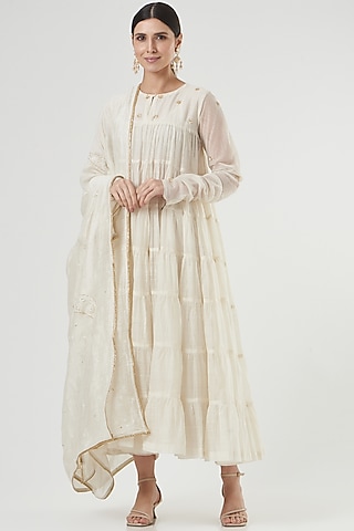 Ivory Tiered Chikankari Anarkali Set by Label Darpan