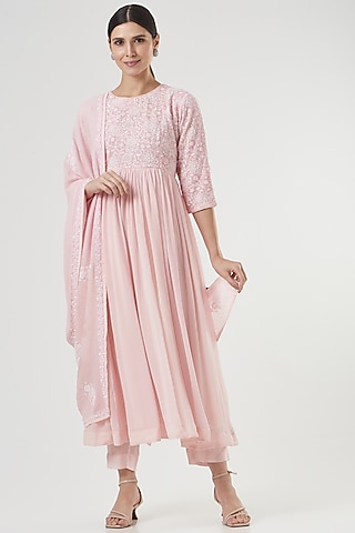 Pink Chikankari Anarkali Set by Label Darpan
