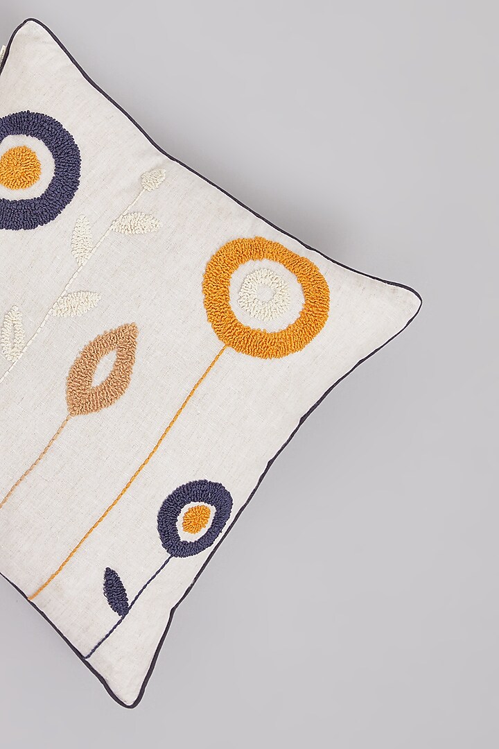 Beige Pure Linen Floral Tufted Embroidered Cushion by Linen Bloom Home at Pernia's Pop Up Shop