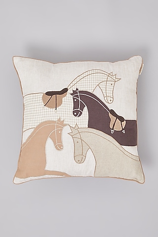 Beige Pure Linen Horse Embroidered Cushion by Linen Bloom Home
