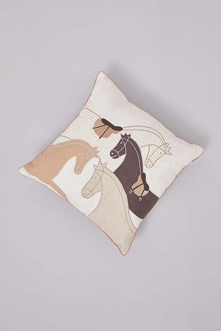Beige Pure Linen Horse Embroidered Cushion by Linen Bloom Home at Pernia's Pop Up Shop