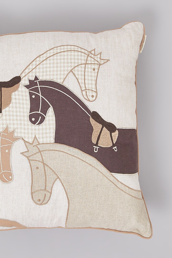 Beige Pure Linen Horse Embroidered Cushion by Linen Bloom Home at Pernia's Pop Up Shop