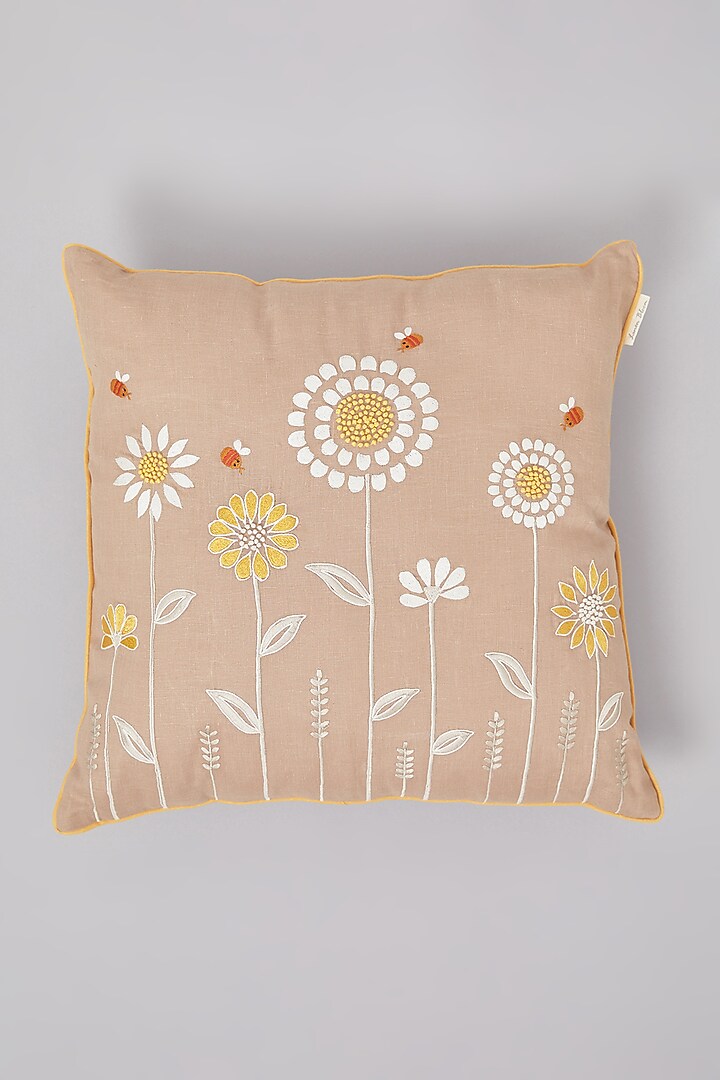 Bronze Pure Linen Floral Embroidered Cushion by Linen Bloom Home