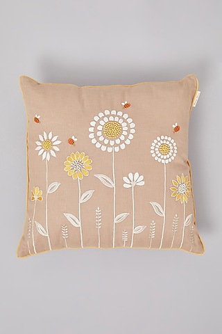 Bronze Pure Linen Floral Embroidered Cushion by Linen Bloom Home