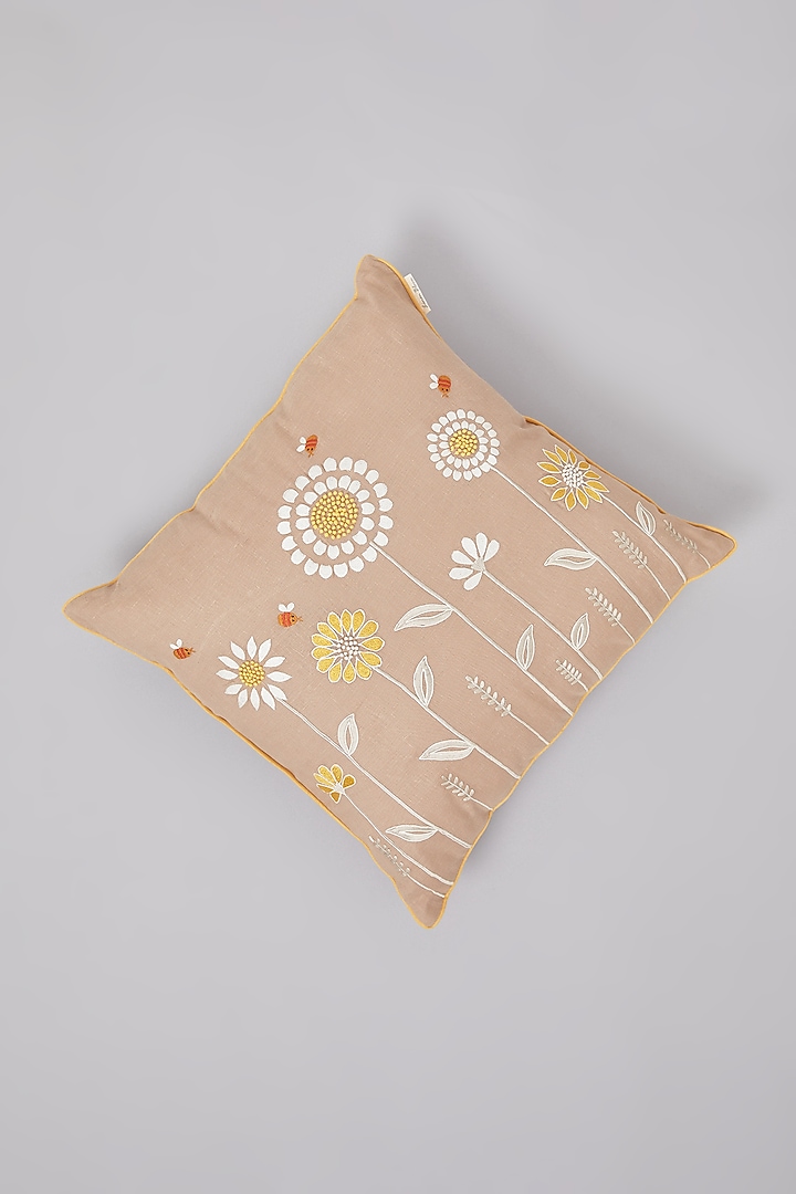 Bronze Pure Linen Floral Embroidered Cushion by Linen Bloom Home at Pernia's Pop Up Shop
