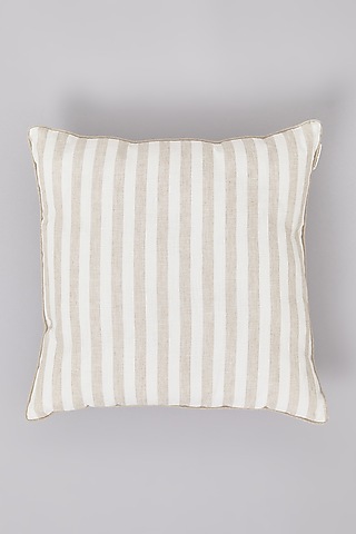 Beige Pure Linen Striped Cushion by Linen Bloom Home