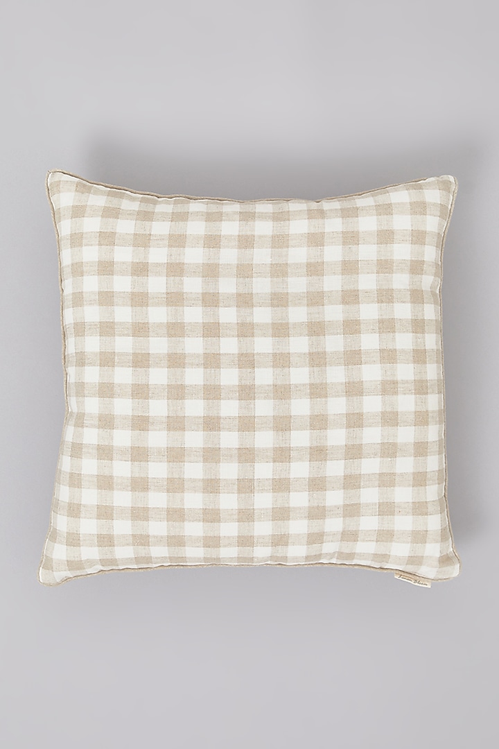 Beige Pure Linen Checkered Cushion by Linen Bloom Home