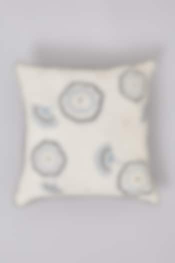 Beige & Blue Pure Linen Floral Embroidered Cushion by Linen Bloom Home