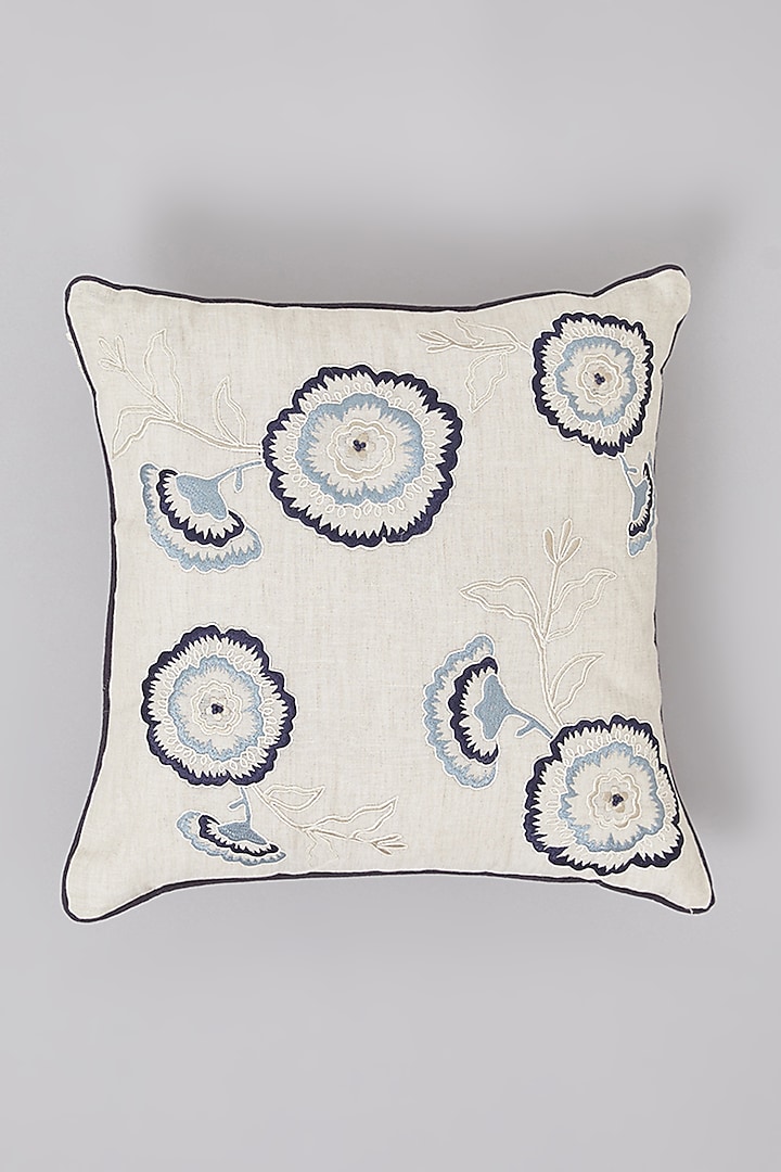 Beige & Blue Pure Linen Floral Embroidered Cushion by Linen Bloom Home