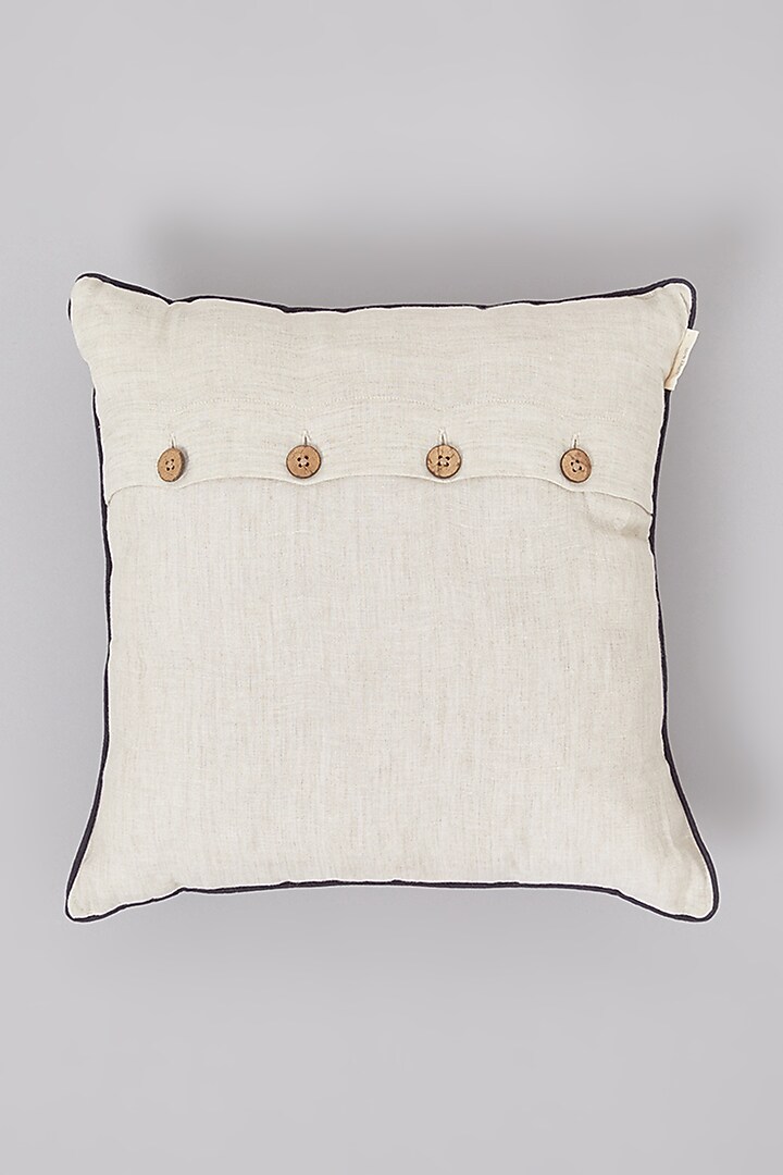 Beige & Blue Pure Linen Floral Embroidered Cushion by Linen Bloom Home at Pernia's Pop Up Shop