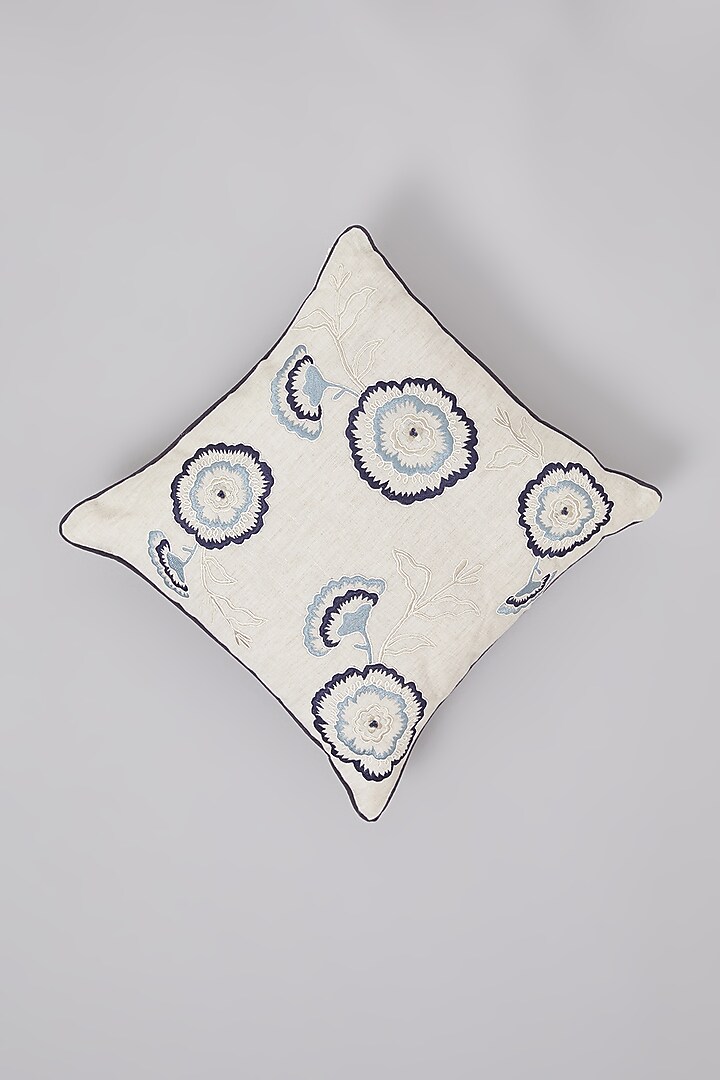 Beige & Blue Pure Linen Floral Embroidered Cushion by Linen Bloom Home at Pernia's Pop Up Shop