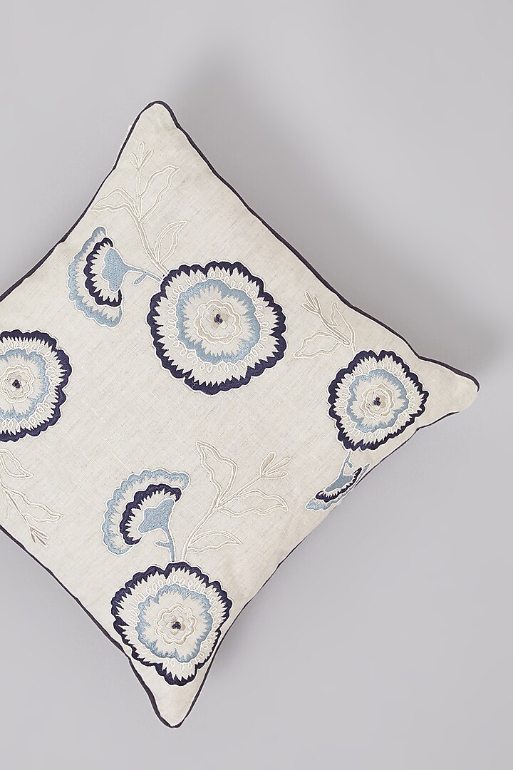 Beige & Blue Pure Linen Floral Embroidered Cushion by Linen Bloom Home at Pernia's Pop Up Shop