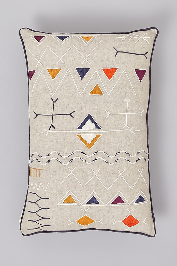 Beige Pure Linen Tribal Embroidered Cushion by Linen Bloom Home