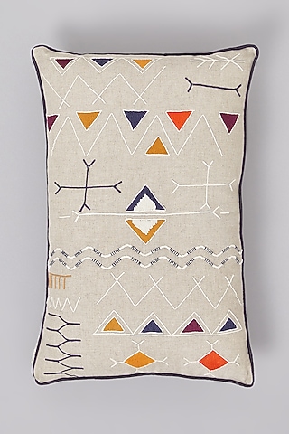 Beige Pure Linen Tribal Embroidered Cushion by Linen Bloom Home