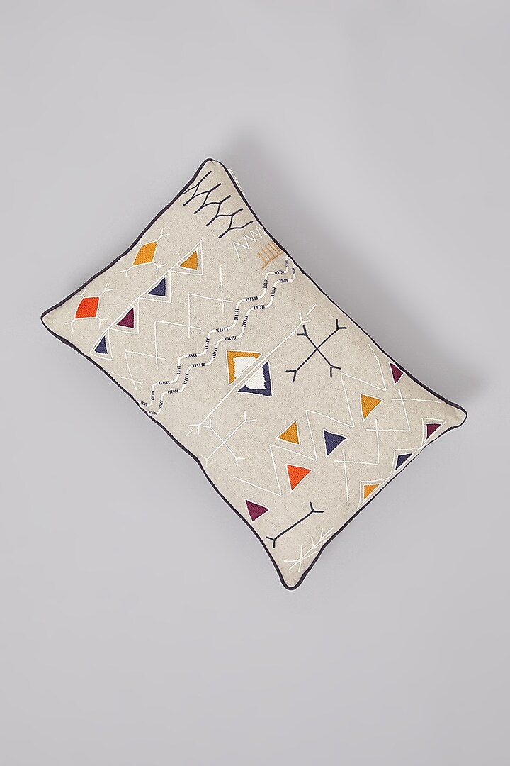 Beige Pure Linen Tribal Embroidered Cushion by Linen Bloom Home at Pernia's Pop Up Shop