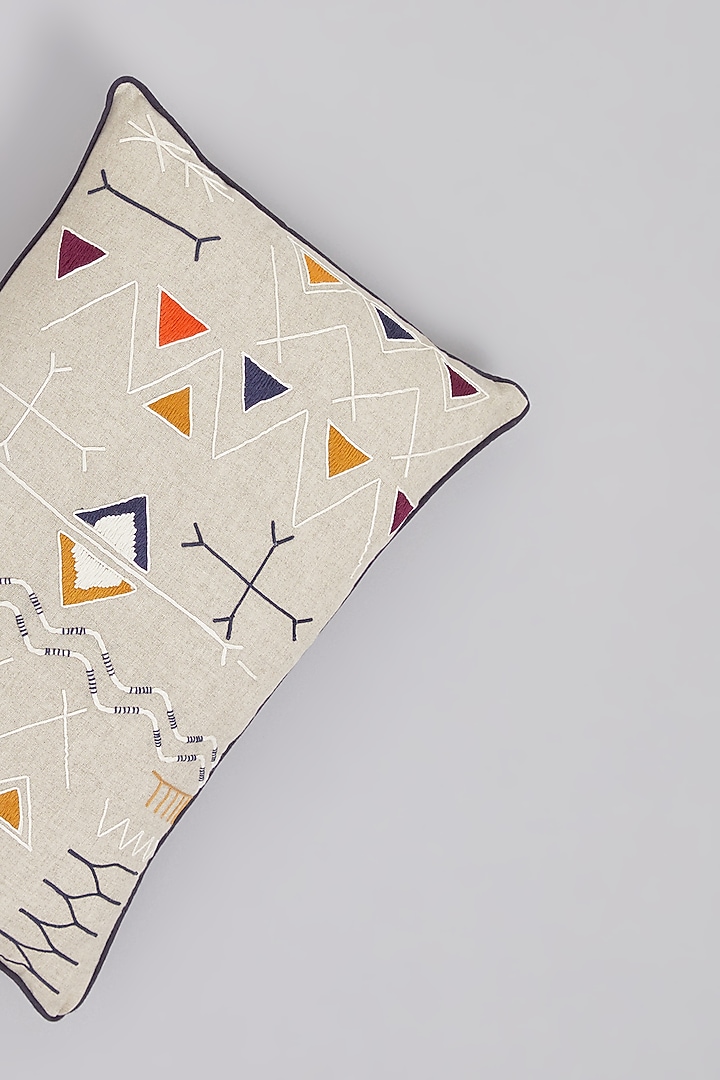 Beige Pure Linen Tribal Embroidered Cushion by Linen Bloom Home at Pernia's Pop Up Shop
