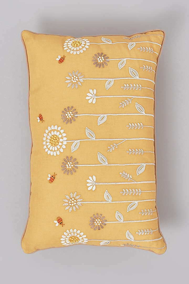 Ochre Pure Linen Floral Embroidered Cushion by Linen Bloom Home