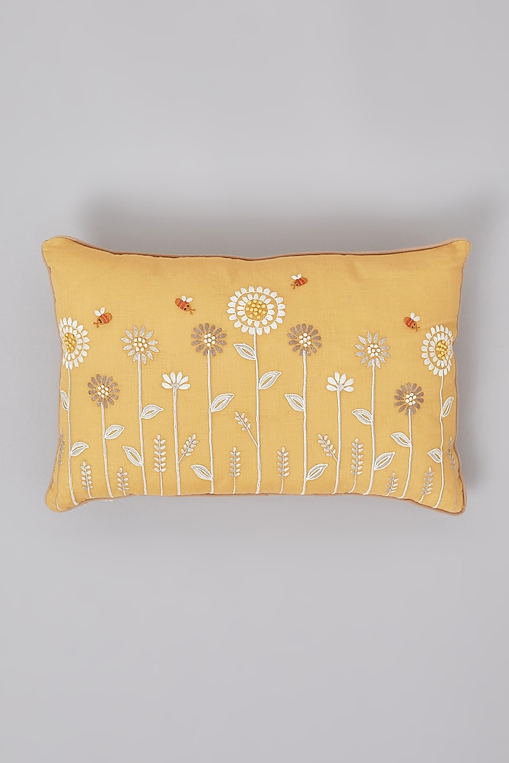 Ochre Pure Linen Floral Embroidered Cushion by Linen Bloom Home at Pernia's Pop Up Shop