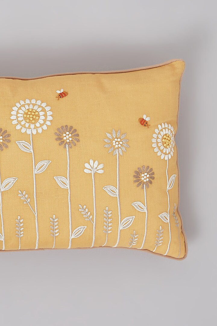 Ochre Pure Linen Floral Embroidered Cushion by Linen Bloom Home at Pernia's Pop Up Shop
