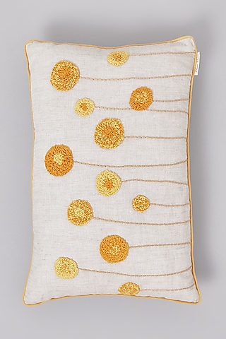 Beige Pure Linen Floral Embroidered Cushion by Linen Bloom Home