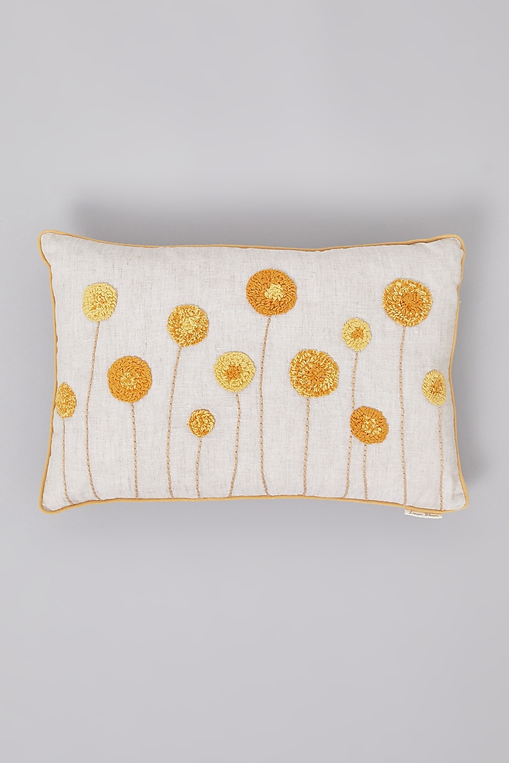 Beige Pure Linen Floral Embroidered Cushion by Linen Bloom Home at Pernia's Pop Up Shop
