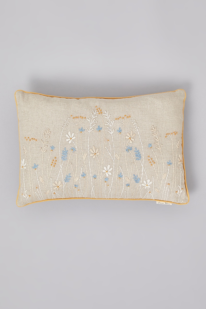 Beige Pure Linen Floral Embroidered Cushion by Linen Bloom Home