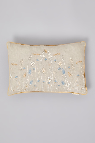Beige Pure Linen Floral Embroidered Cushion by Linen Bloom Home