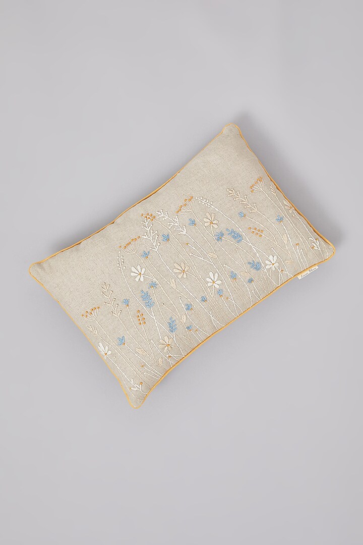 Beige Pure Linen Floral Embroidered Cushion by Linen Bloom Home at Pernia's Pop Up Shop