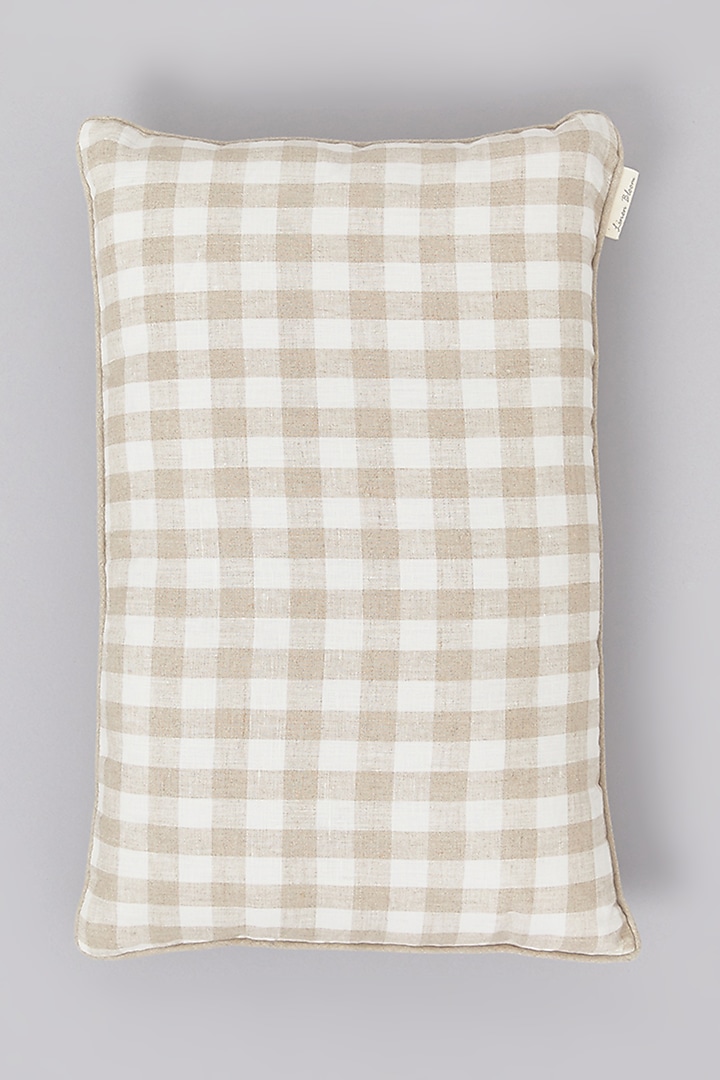 Beige Pure Linen Checkered Cushion by Linen Bloom Home