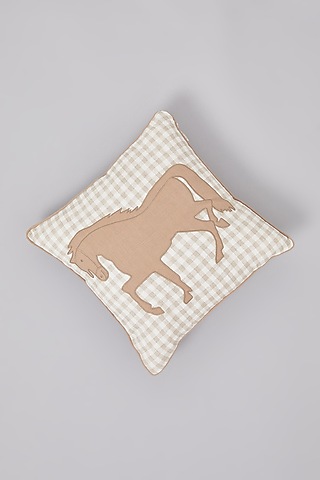 Beige Pure Linen Horse Embroidered Striped Cushion by Linen Bloom Home