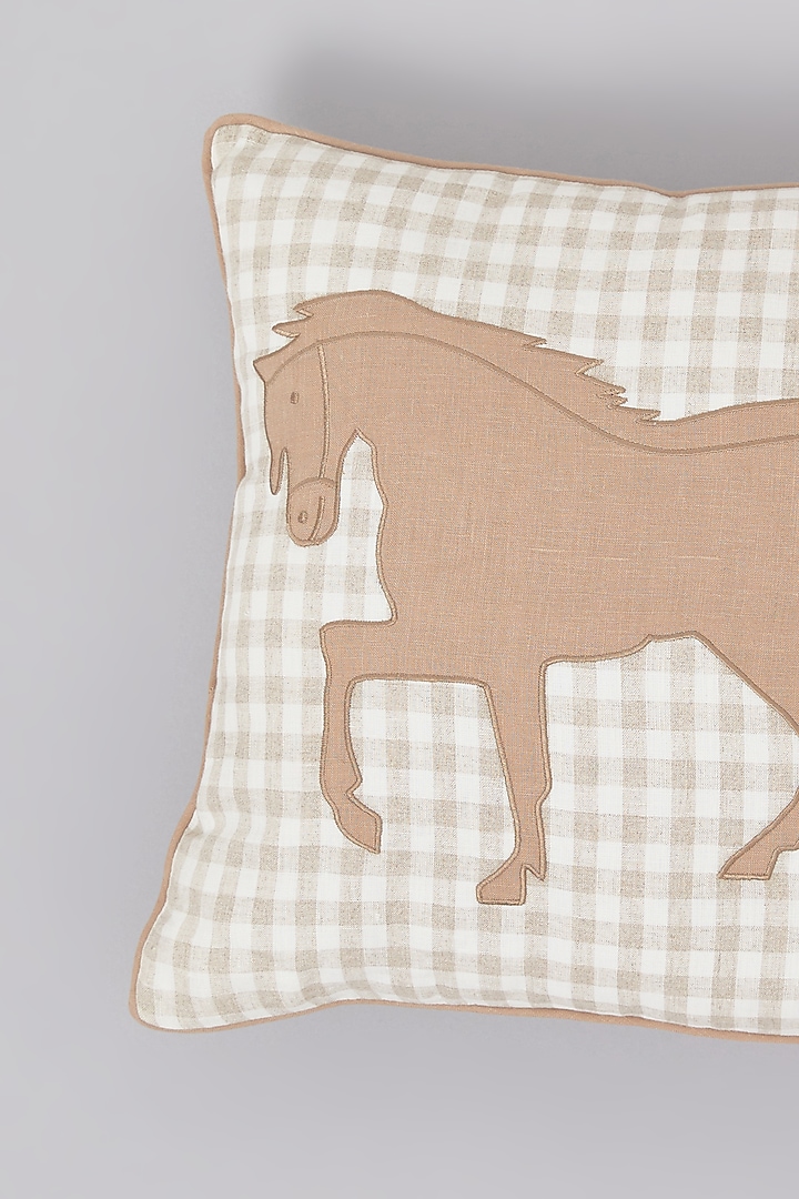 Beige Pure Linen Horse Embroidered Striped Cushion by Linen Bloom Home at Pernia's Pop Up Shop
