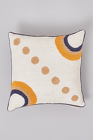 Beige Pure Linen Tufted Embroidered Cushion by Linen Bloom Home