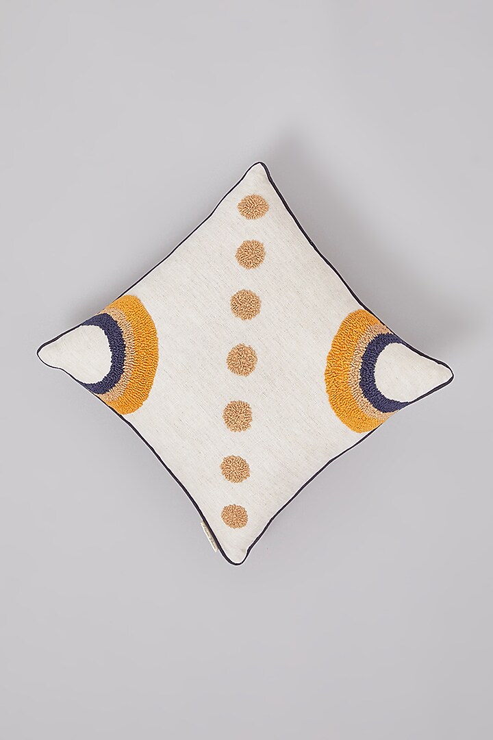 Beige Pure Linen Tufted Embroidered Cushion by Linen Bloom Home at Pernia's Pop Up Shop
