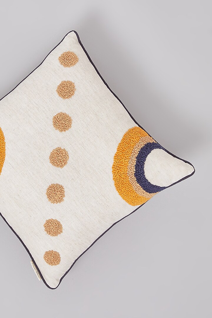 Beige Pure Linen Tufted Embroidered Cushion by Linen Bloom Home at Pernia's Pop Up Shop
