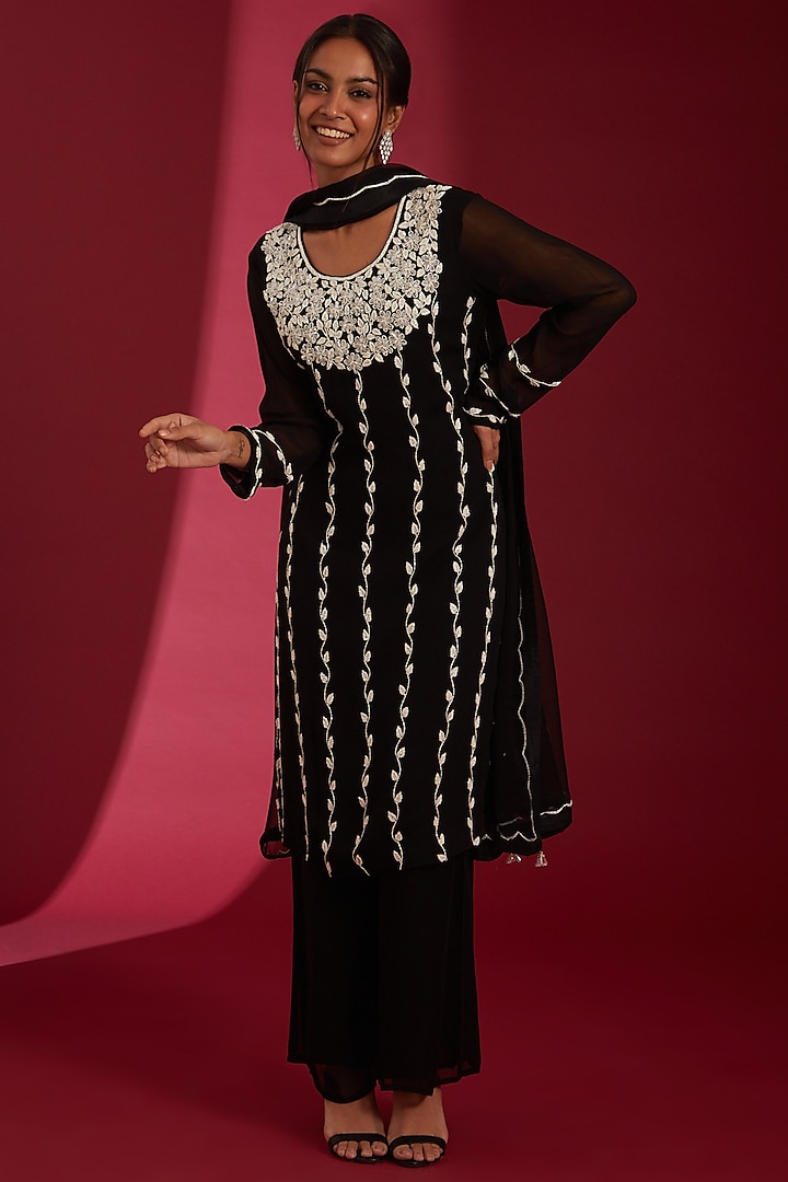 Black & Ivory Georgette Embroidered Kurta Set by Label Radini